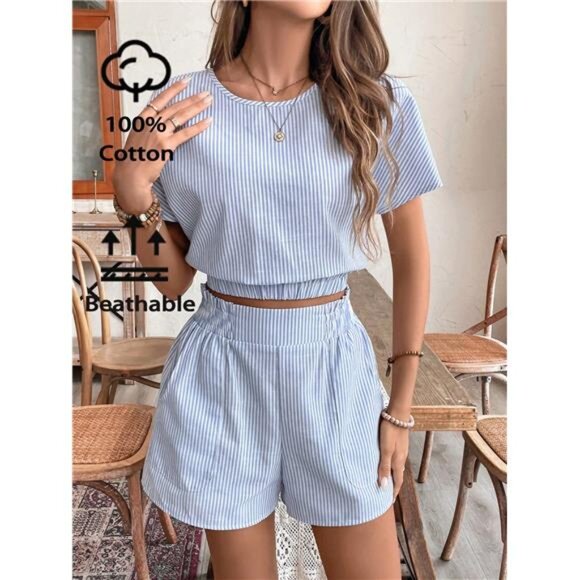 Variété Boutique Pants - Striped Print Batwing Sleeve Crop Top & Shorts For Summer